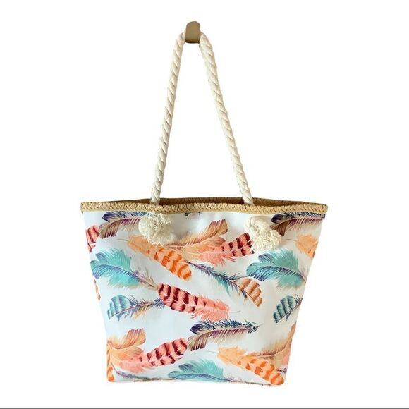 Feather Print Rope Handle Boho Zippered Tote - Picture 3 of 11
